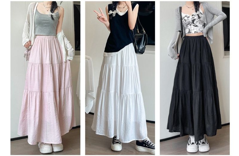 フレアスカート 三段切替ティアードフレアスカートマキシ丈