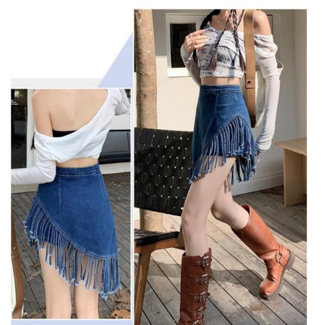 フレアスカート デニムフリンジ裾デザインフレアミニスカート