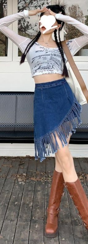 フレアスカート デニムフリンジ裾デザインフレアミニスカート
