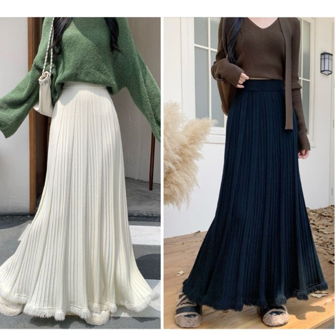 フレアスカート 裾フリンジプリーツフレアスカートマキシ丈