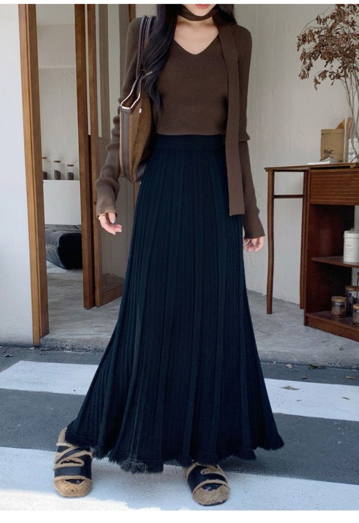 フレアスカート 裾フリンジプリーツフレアスカートマキシ丈