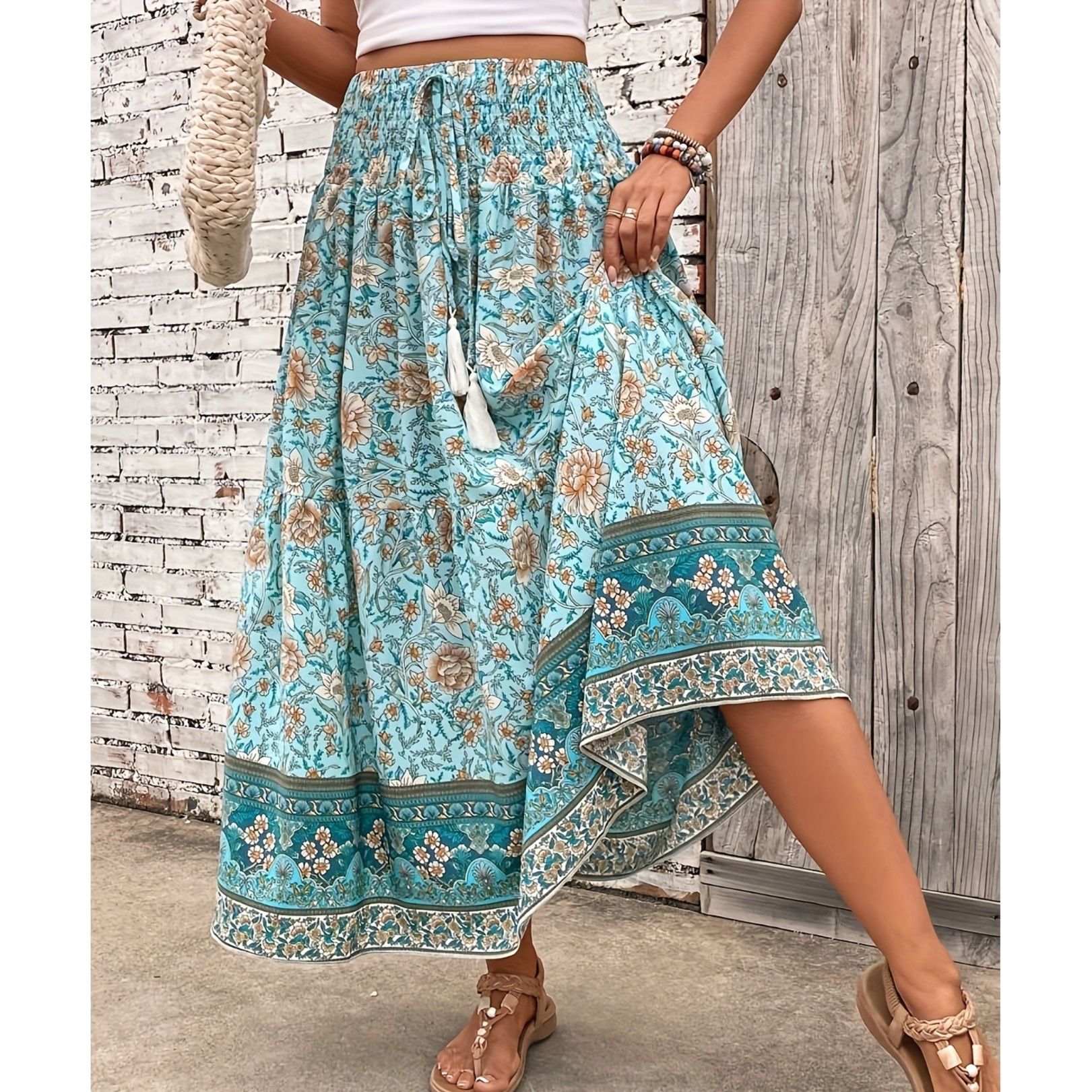 フレアスカート 民族風花柄裾ボーダー切替フレアスカート