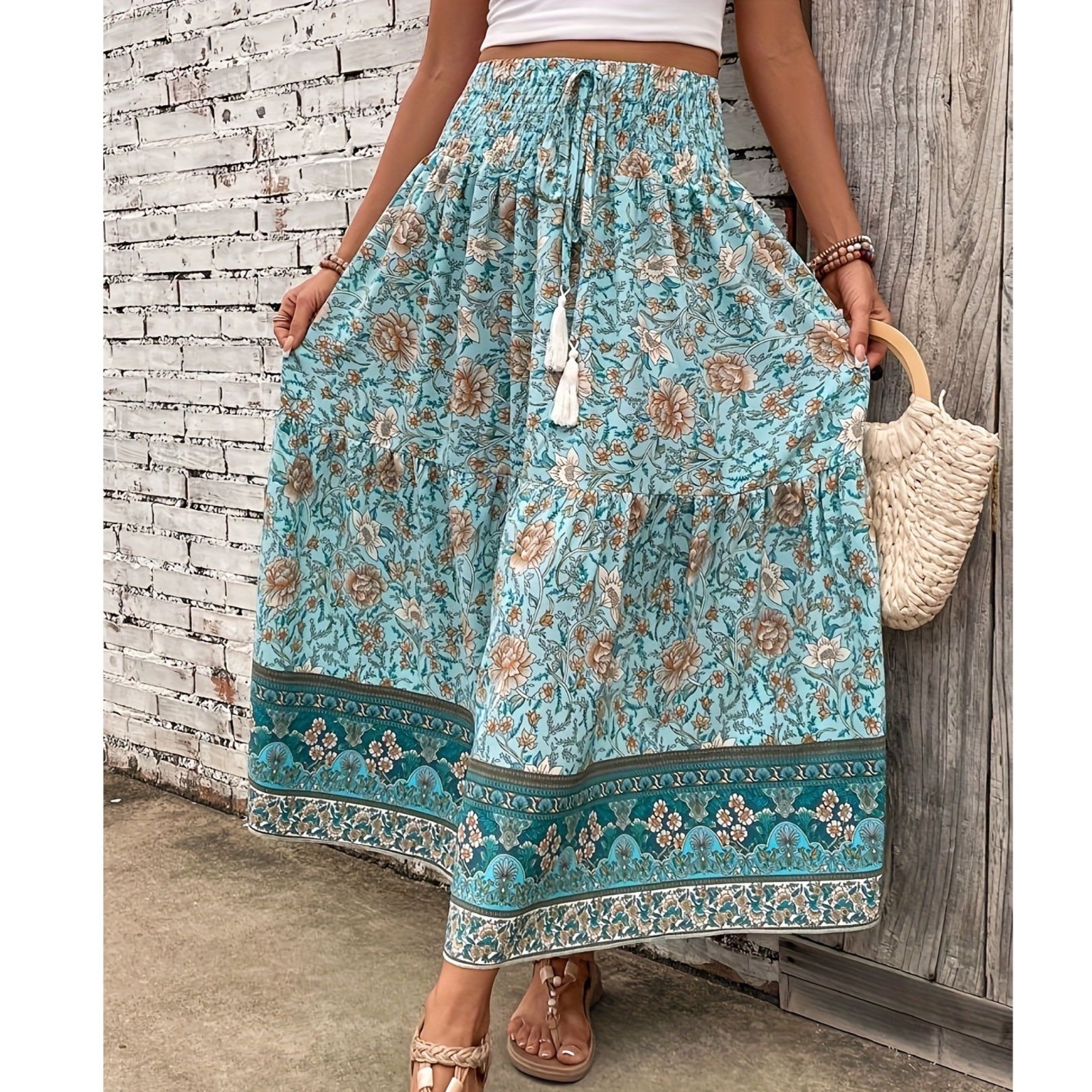 フレアスカート 民族風花柄裾ボーダー切替フレアスカート