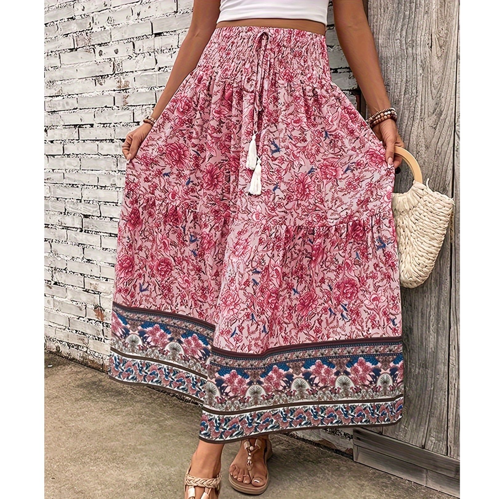 フレアスカート 民族風花柄裾ボーダー切替フレアスカート