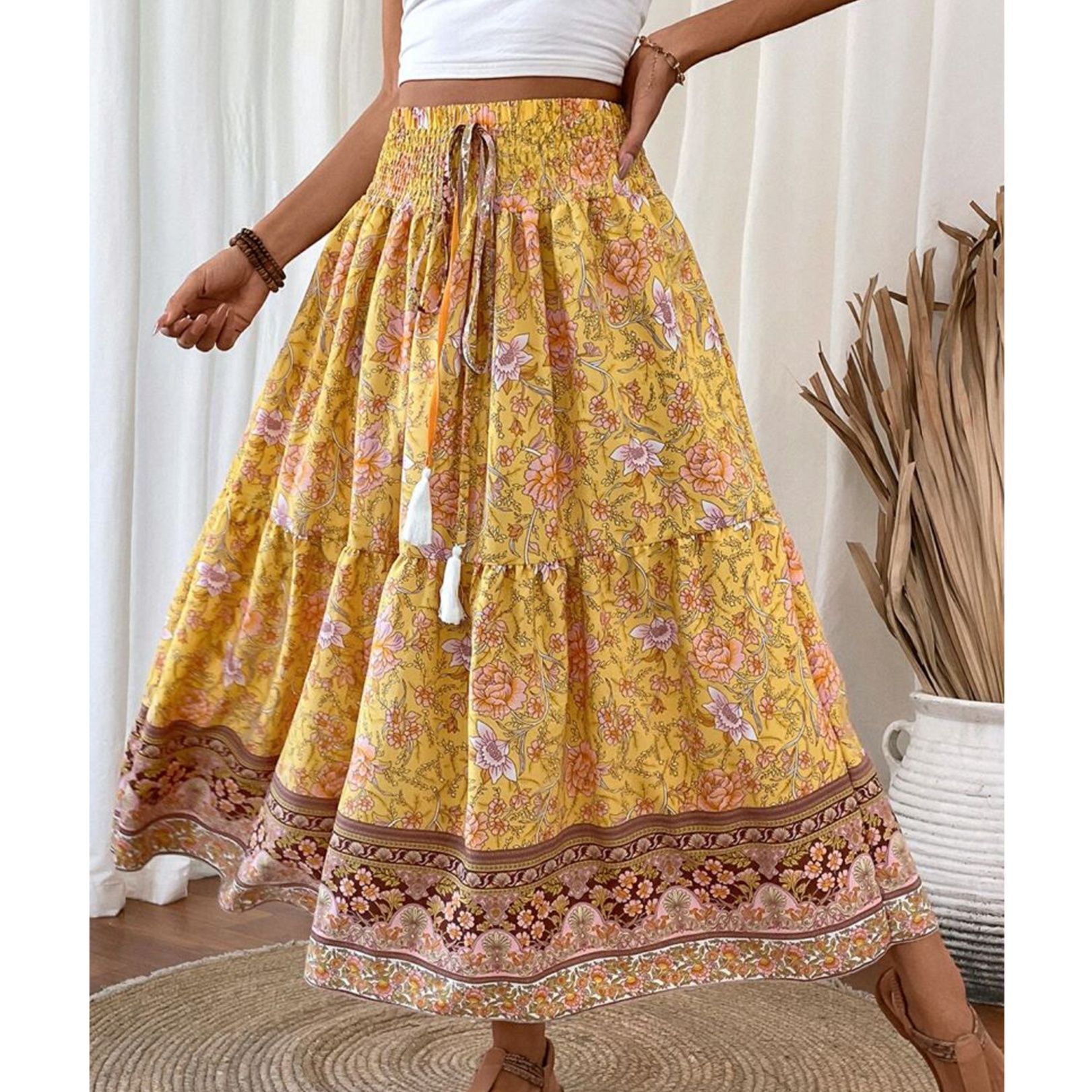 フレアスカート 民族風花柄裾ボーダー切替フレアスカート