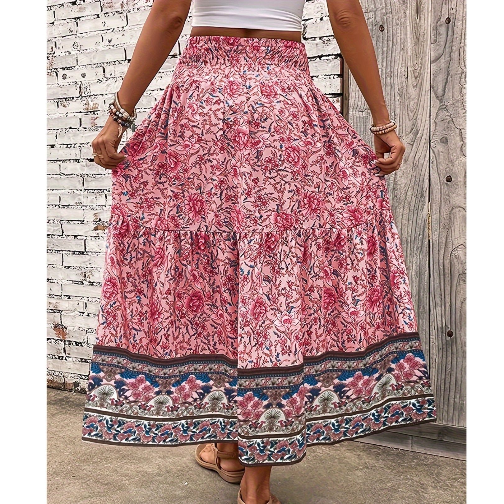 フレアスカート 民族風花柄裾ボーダー切替フレアスカート