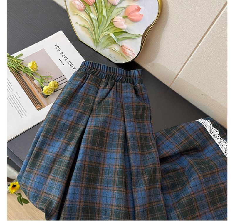 フレアスカート 格子柄レース裾飾りフレアスカート