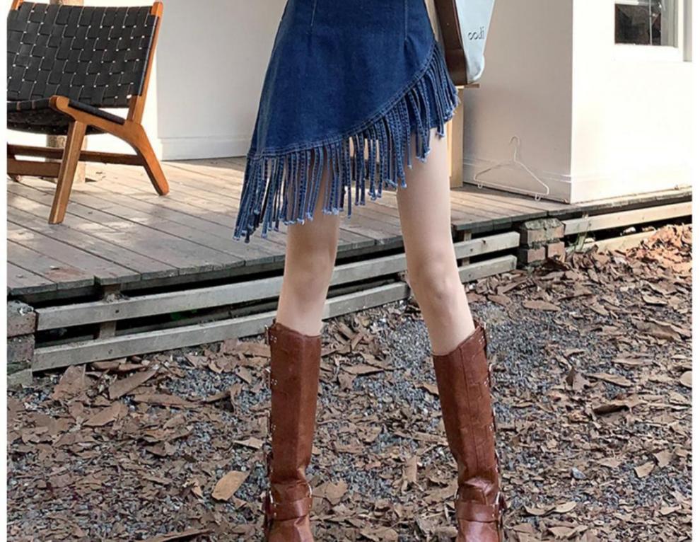 フレアスカート デニムフリンジ裾デザインフレアミニスカート