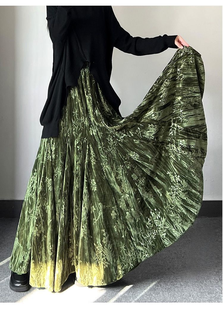 フレアスカート 光沢ベルベットプリーツフレアマキシスカート