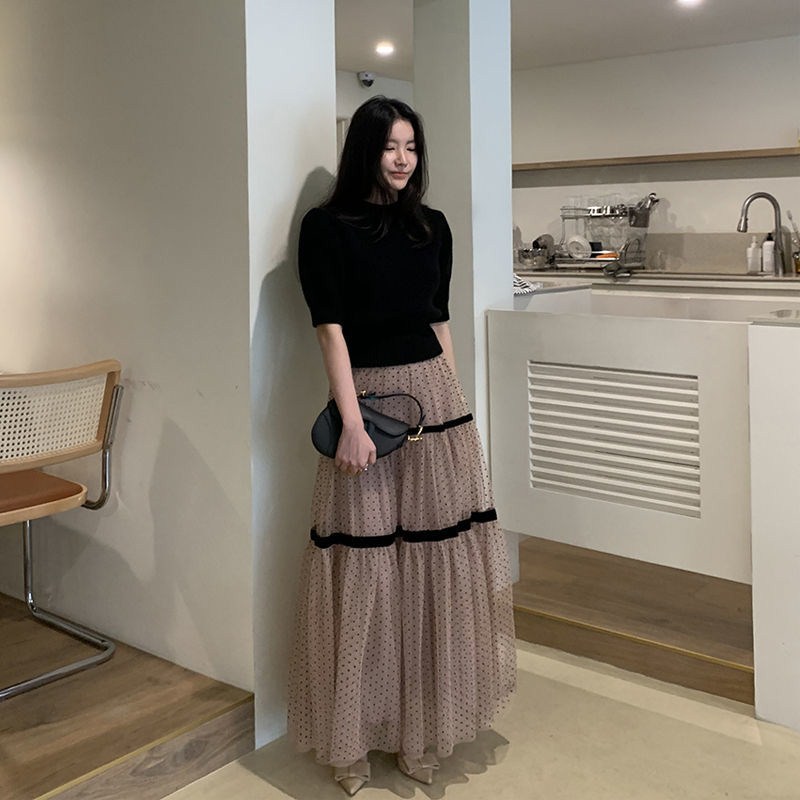 フレアスカート ドット柄チュール重ね段々フレアロングスカート