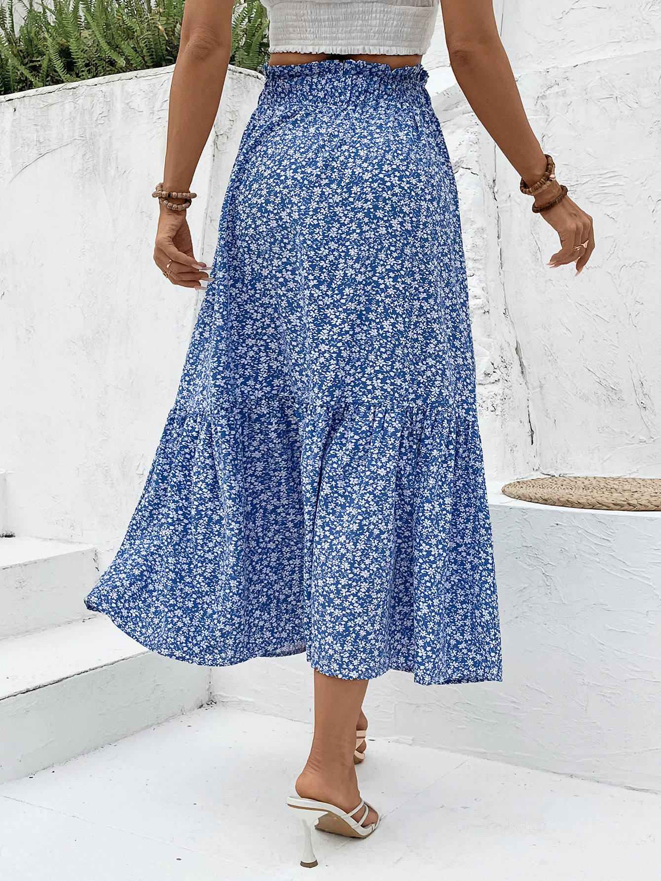 フレアスカート 小花柄ウエストゴムフレアスカートマキシ丈