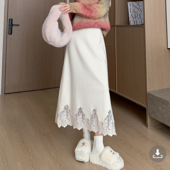 フレアスカート 裾レース装飾フレア広がりマキシ丈スカート