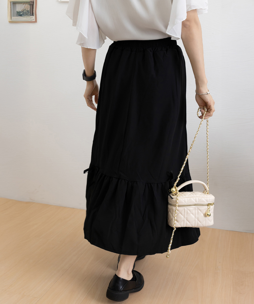 フレアスカート リボン付きマキシ丈ティアード段重ねロング丈スカート