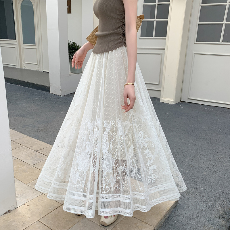 フレアスカート 花柄刺繍レース切替フレアスカートマキシ丈