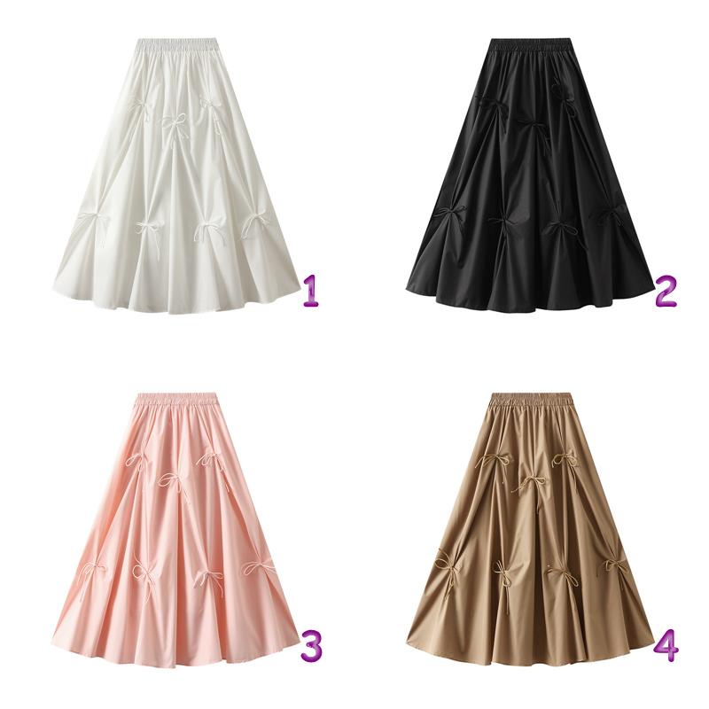 レディース マキシ・ロング丈 フレアスカート リボン付き 4色展開
