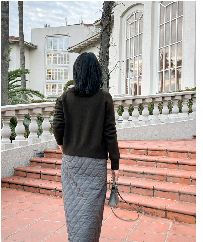 キルティング柄ロング丈フレアスカート韓国風上品レディース