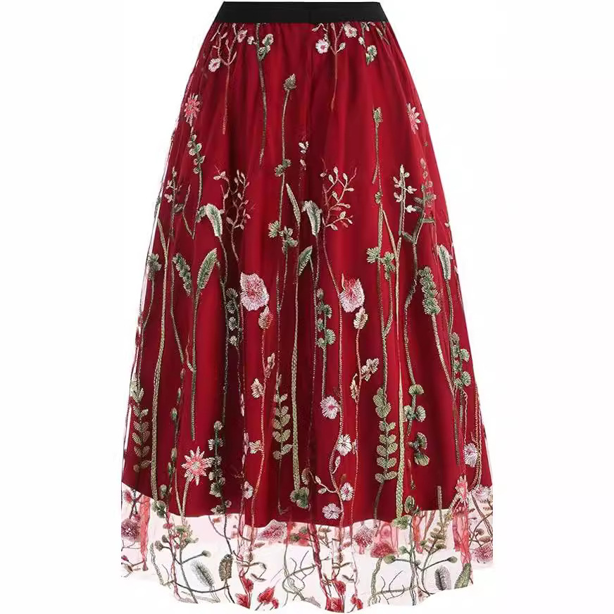 フレアスカート 花刺繍チュール重ね上品なひざ丈フレアスカート