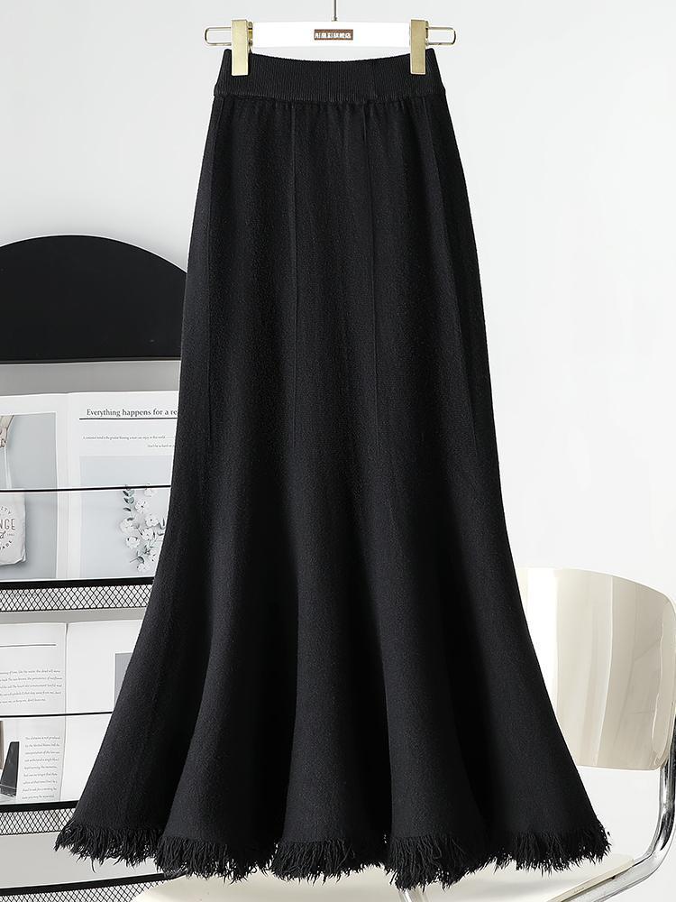 フレアスカート 裾フリンジニット編み地フレアマキシスカート
