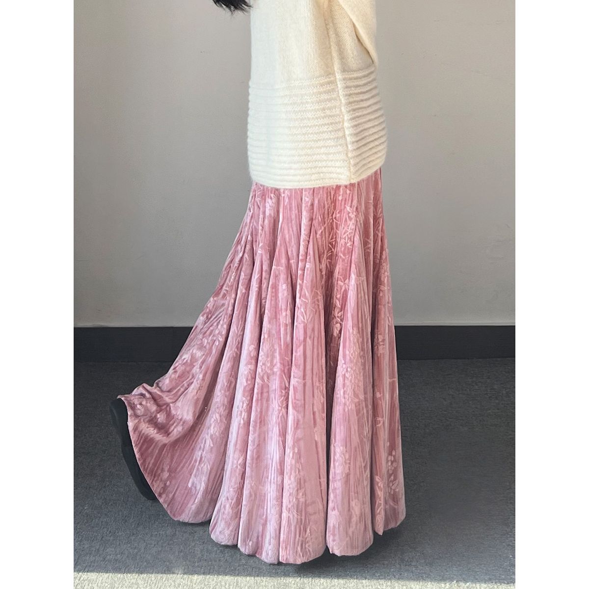フレアスカート 光沢ベルベットプリーツフレアマキシスカート