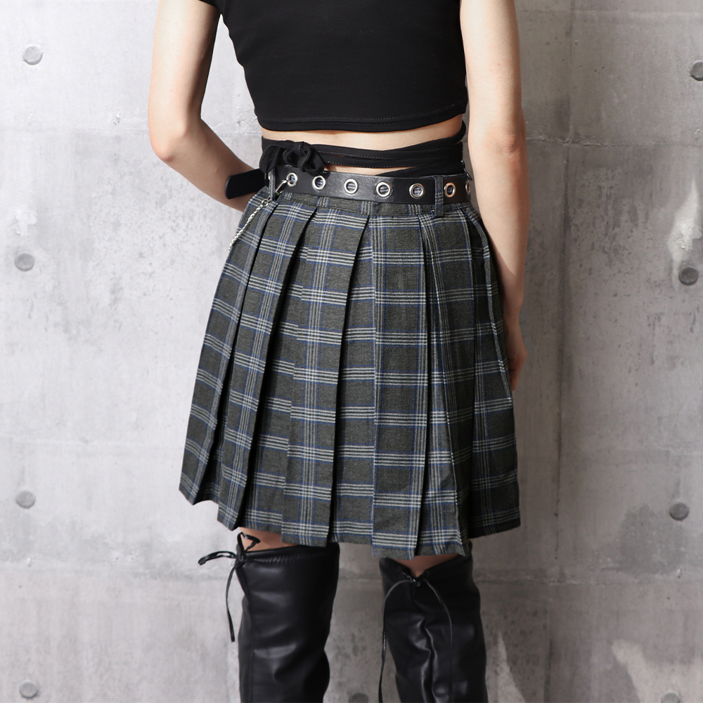 原宿系チェック柄ベルト付きミニ丈非対称フレアスカート韓国風