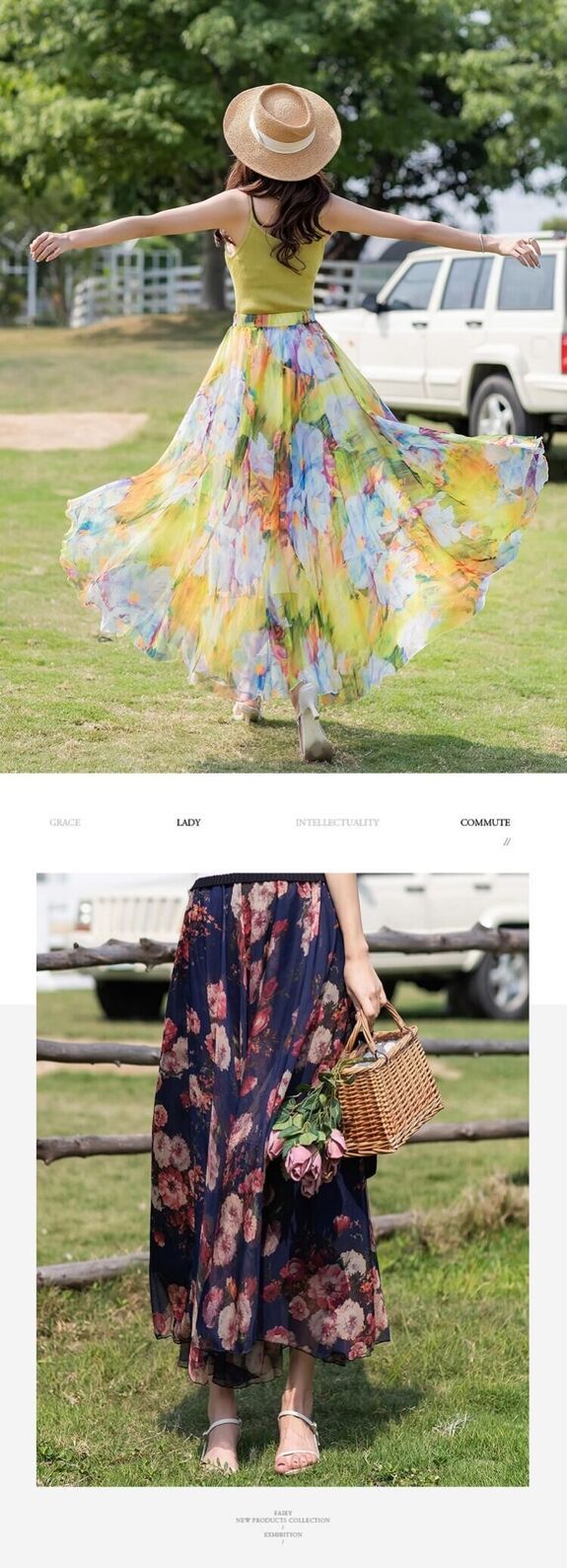 フレアスカート 花柄シフォン素材のフレアスカート・マキシ丈