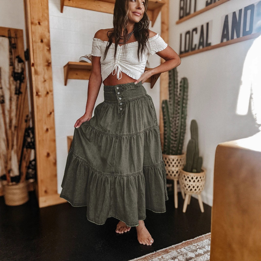 フレアスカート ティアード切り替えハイウエストベルト付きフレアスカート