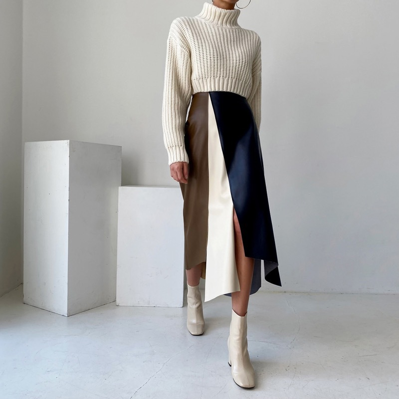 秋新作 配色ひざ丈フレアスカート 上品レディース着回し