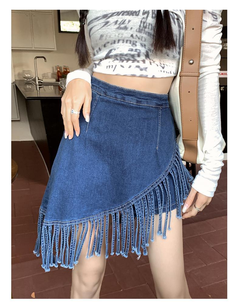 フレアスカート デニムフリンジ裾デザインフレアミニスカート