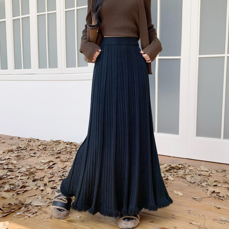 フレアスカート 裾フリンジプリーツフレアスカートマキシ丈