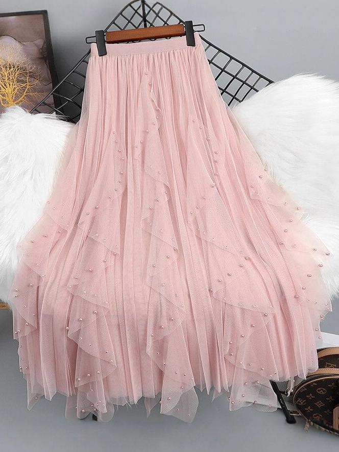 フレアスカート パール装飾チュールレイヤードフレアスカート