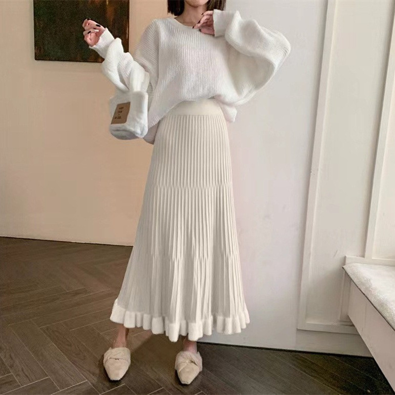 フレアスカート 裾切替プリーツニットフレアスカート
