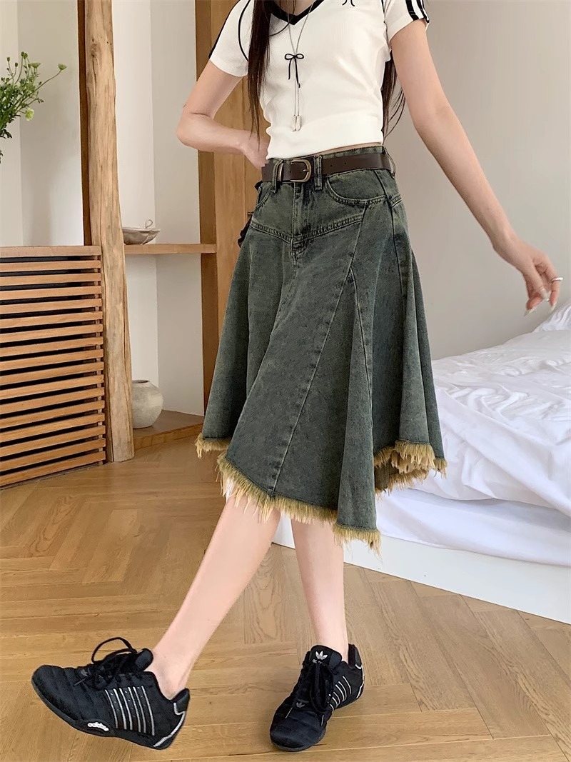 フレアスカート 裾フリンジデニムフレアスカート