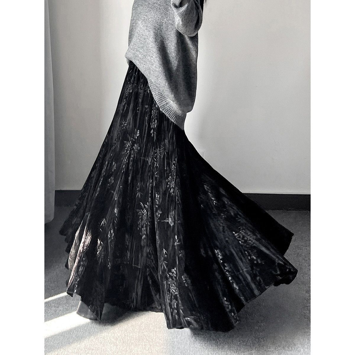 フレアスカート 光沢ベルベットプリーツフレアマキシスカート