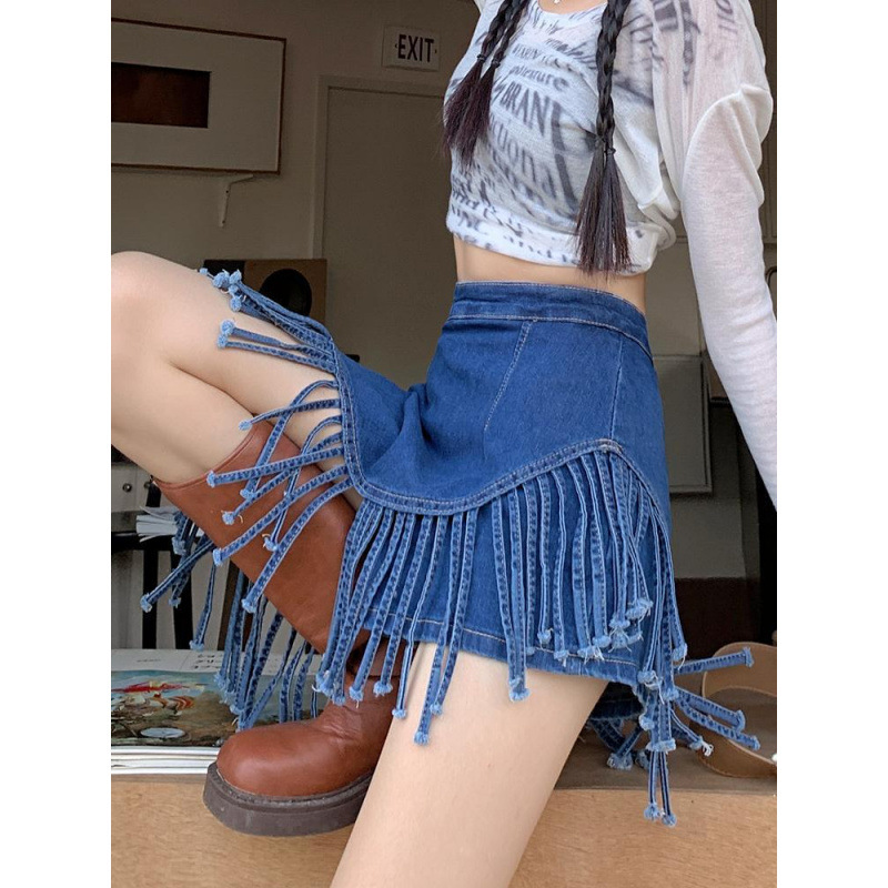 フレアスカート デニムフリンジ裾デザインフレアミニスカート