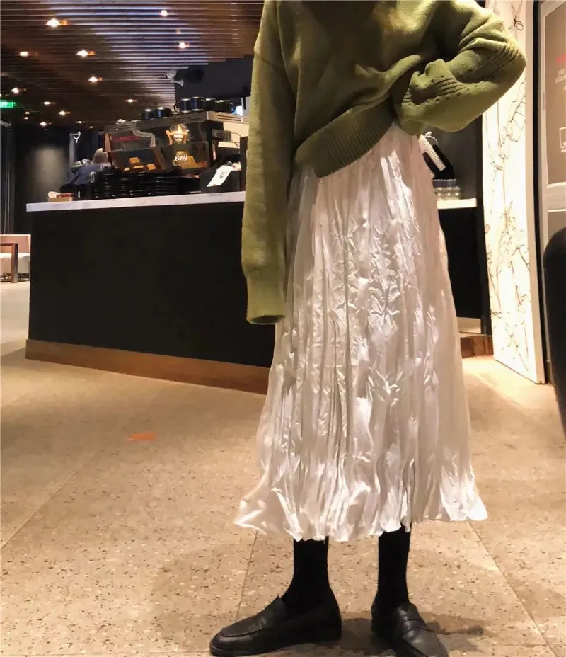 フレアスカート プリーツデザイン上品ひざ下フレアスカート