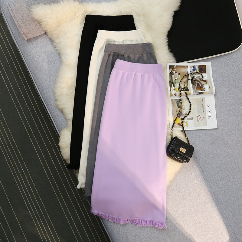 フレアスカート 裾フリンジニットフレアスカート