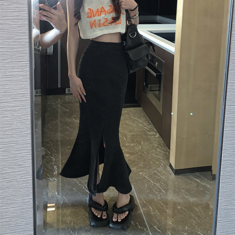 フレアスカート 裾フレア切替デニムマキシスカート