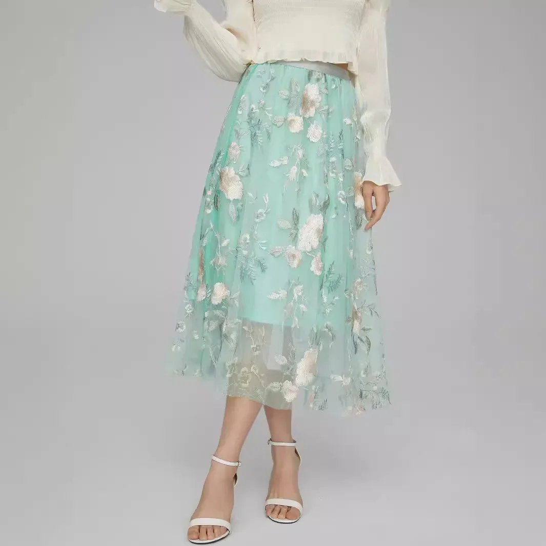 フレアスカート 花柄刺繍チュール重ねフレアスカート