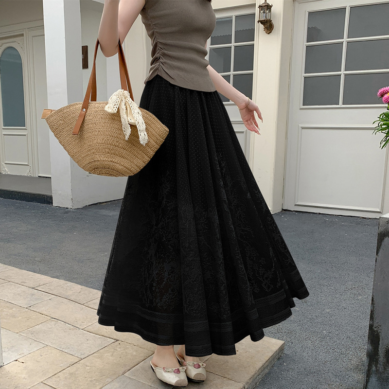 フレアスカート 花柄刺繍レース切替フレアスカートマキシ丈