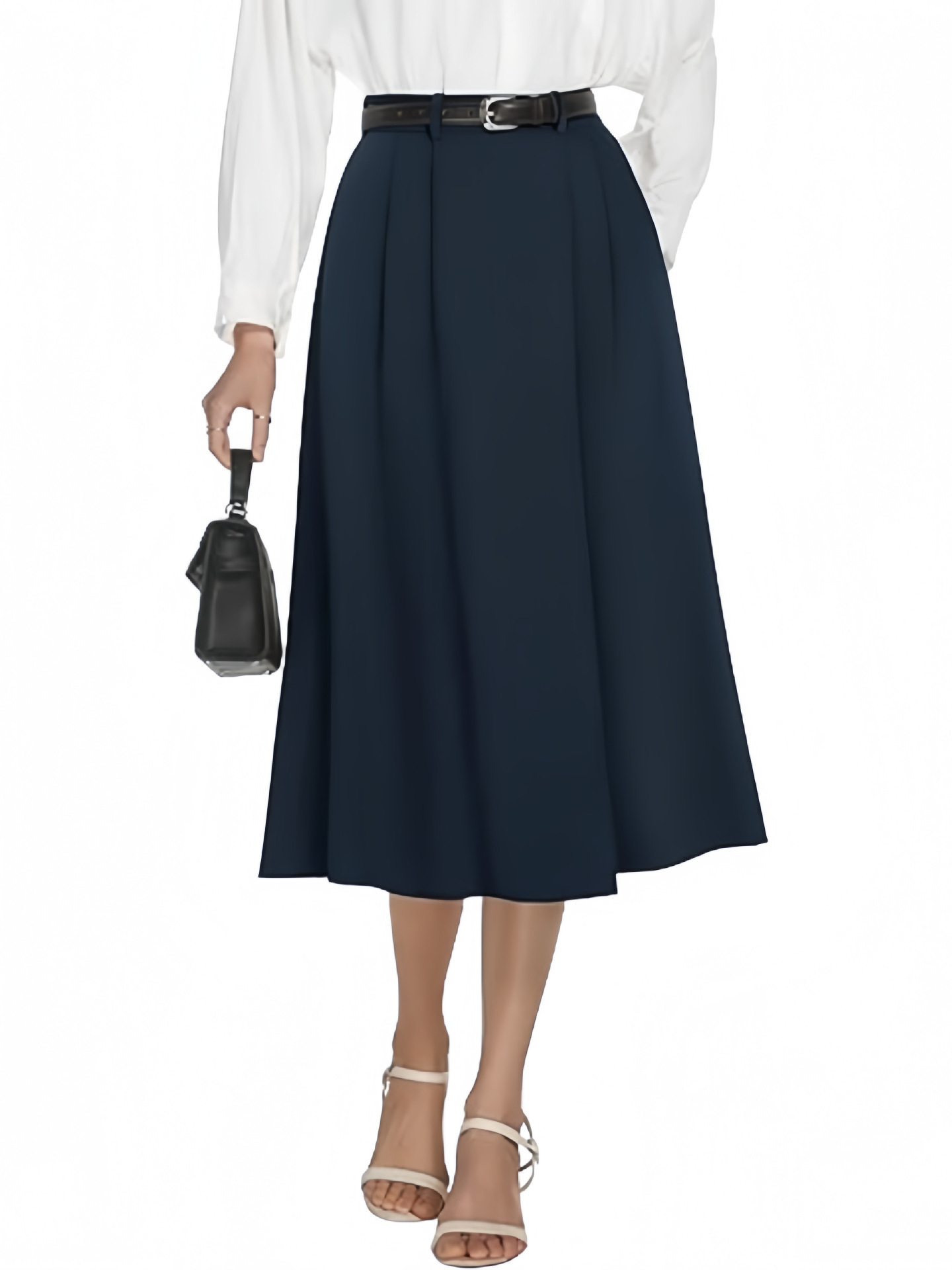 フレアスカート ベルト付きタックフレア膝丈スカート