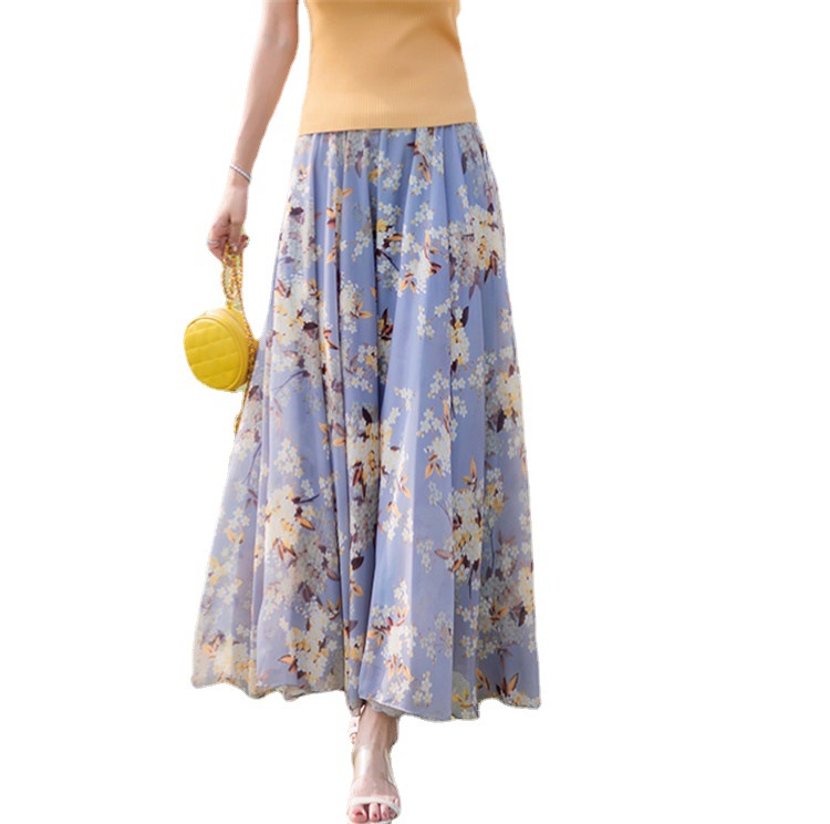 フレアスカート 花柄シフォン素材のフレアスカート・マキシ丈