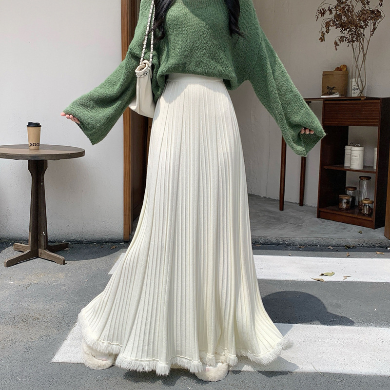 フレアスカート 裾フリンジプリーツフレアスカートマキシ丈