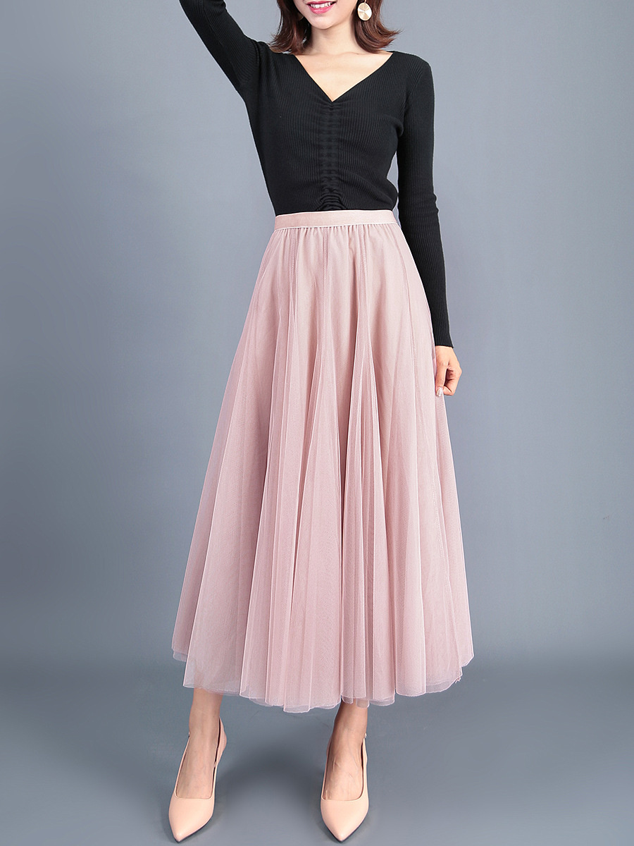 フレアスカート 軽やかチュール素材のボリュームフレアスカート