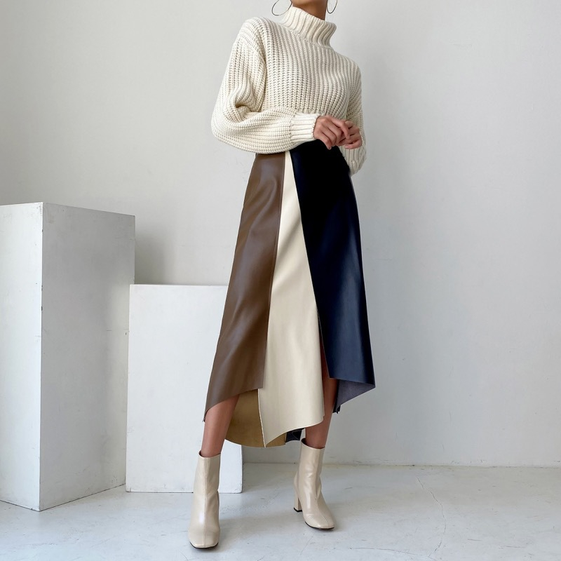 秋新作 配色ひざ丈フレアスカート 上品レディース着回し