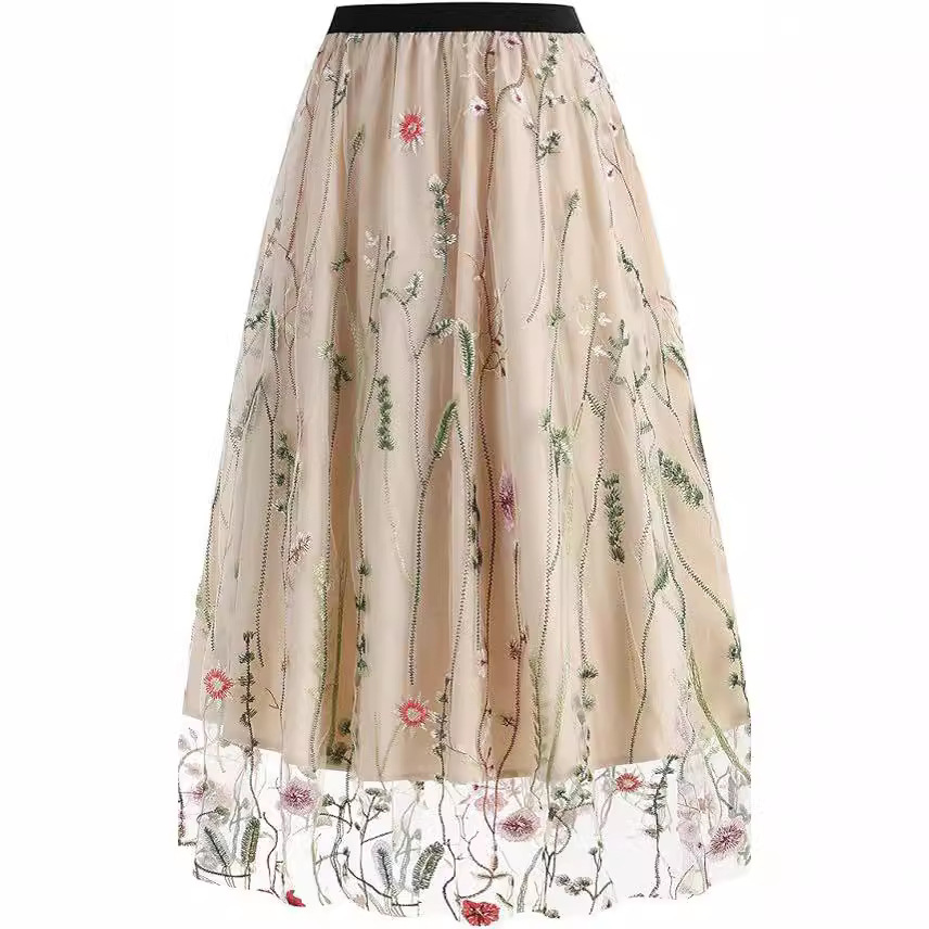 フレアスカート 花刺繍チュール重ね上品なひざ丈フレアスカート