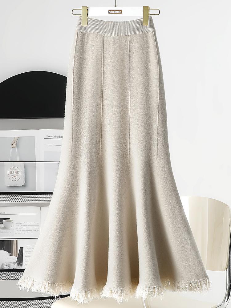 フレアスカート 裾フリンジニット編み地フレアマキシスカート