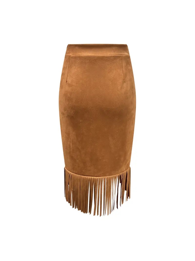 フレアスカート フリンジ付きスエード調ひざ丈フレアスカート