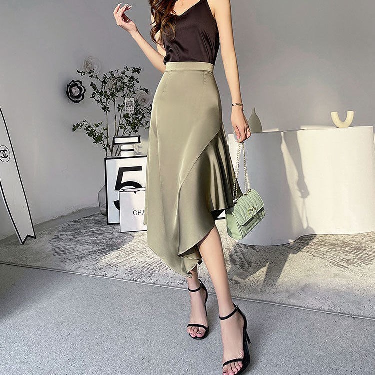 フレアスカート 不規則裾フレアスカート大人上品ひざ丈