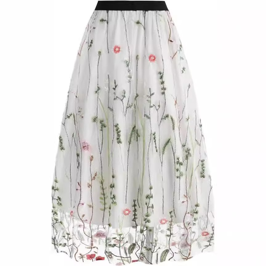 フレアスカート 花刺繍チュール重ね上品なひざ丈フレアスカート