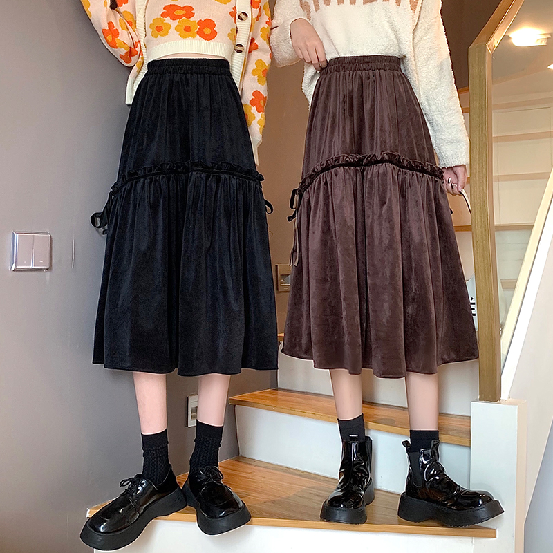 フレアスカート 段違い切り替えベルベット調フレア膝丈スカート